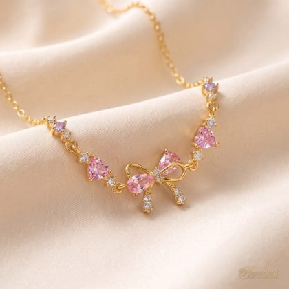 Pink Zircon Bow Necklace — Hearts & Ribbon Chain for Women