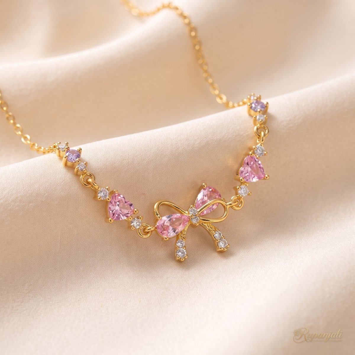 Pink Zircon Bow Necklace — Hearts & Ribbon Chain for Women 1