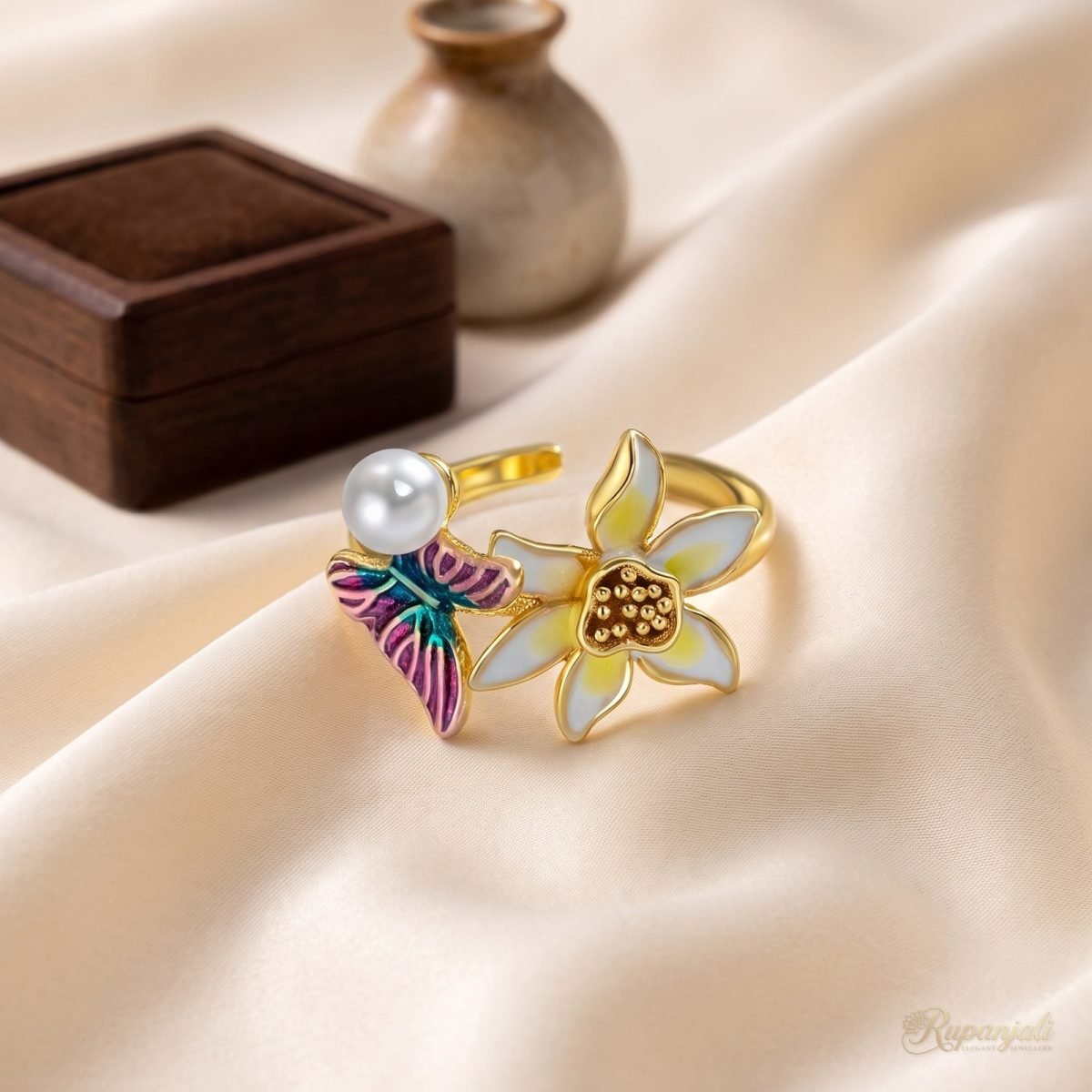 Butterfly Lily Ring — Enamel Bloom & Pearl 2