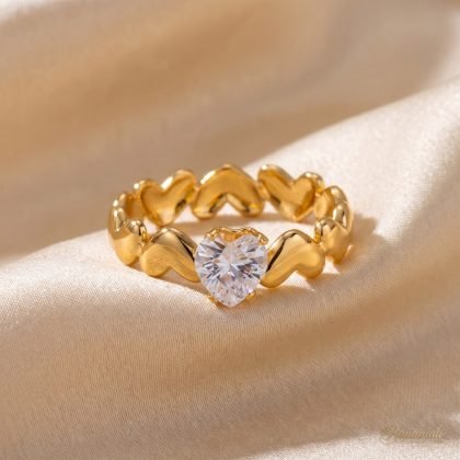 Gold Heart Zircon Ring — Band of Hearts with Heart CZ