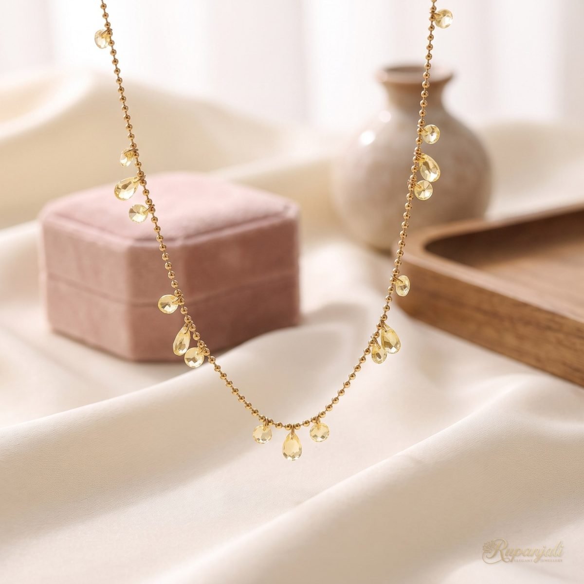 Champagne Crystal Droplet Necklace — Gold Bead Chain Charm 2