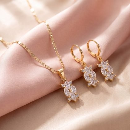 Gold-Tone CZ Flower Pendant & Earrings Jewellery Set for Women