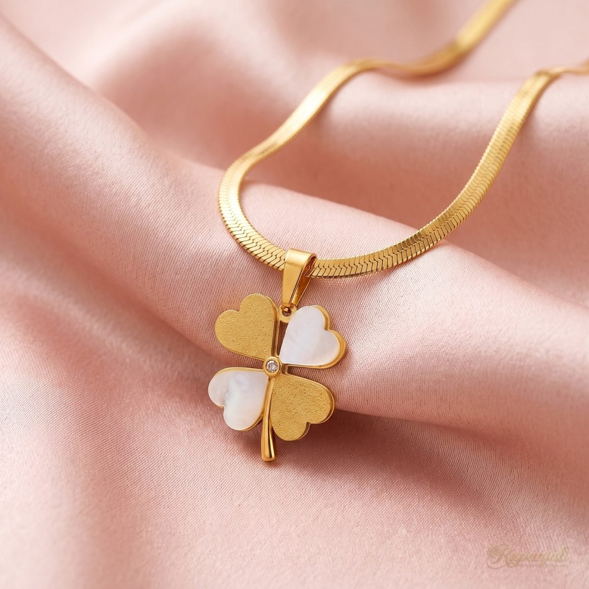 White Shell Clover Necklace — Gold Snake Chain 4