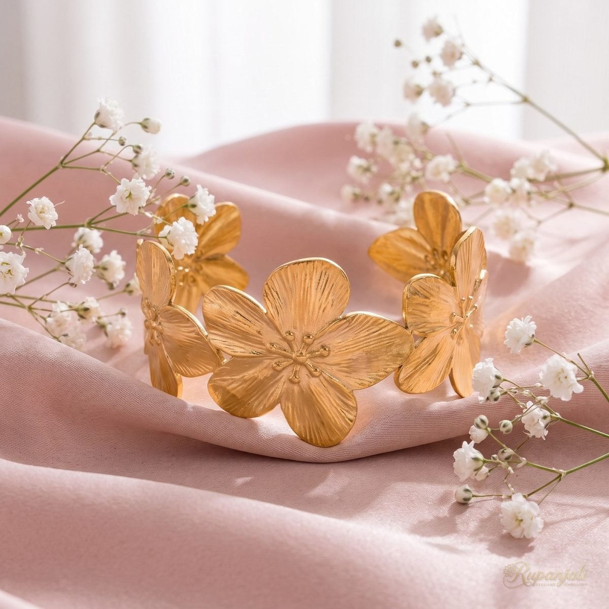 Gold Flower Cuff Bracelet for Women — Bold Blossom Bangle 3