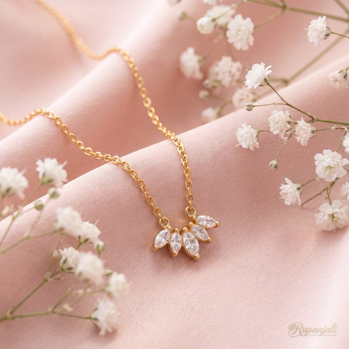 White Zircon Petal Necklace — Marquise Lotus Crown Pendant 3