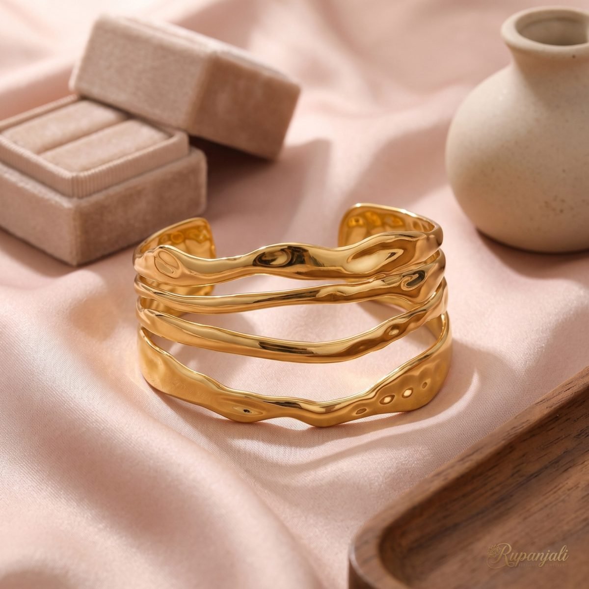Gold Hammered Wave Cuff Bracelet — Multi-Layer Retro Open Bangle 2