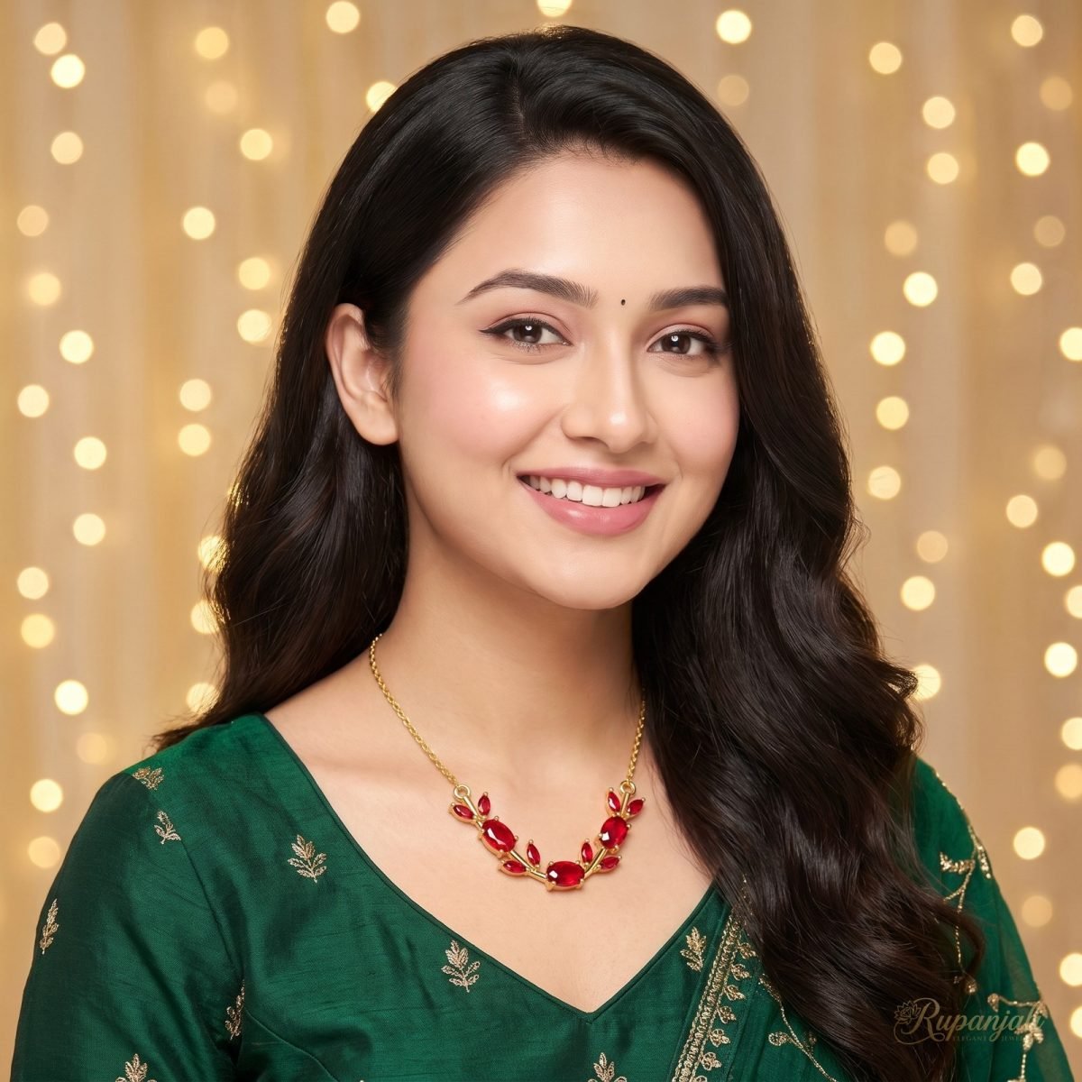 Gold Red Zircon Vine Necklace — Ruby-Red Leaf Garland 7