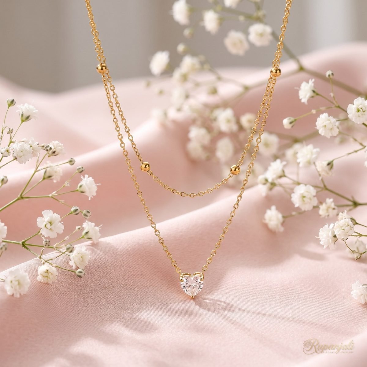 Heart Zircon Double Layer Necklace — Beaded Chain Stack 3