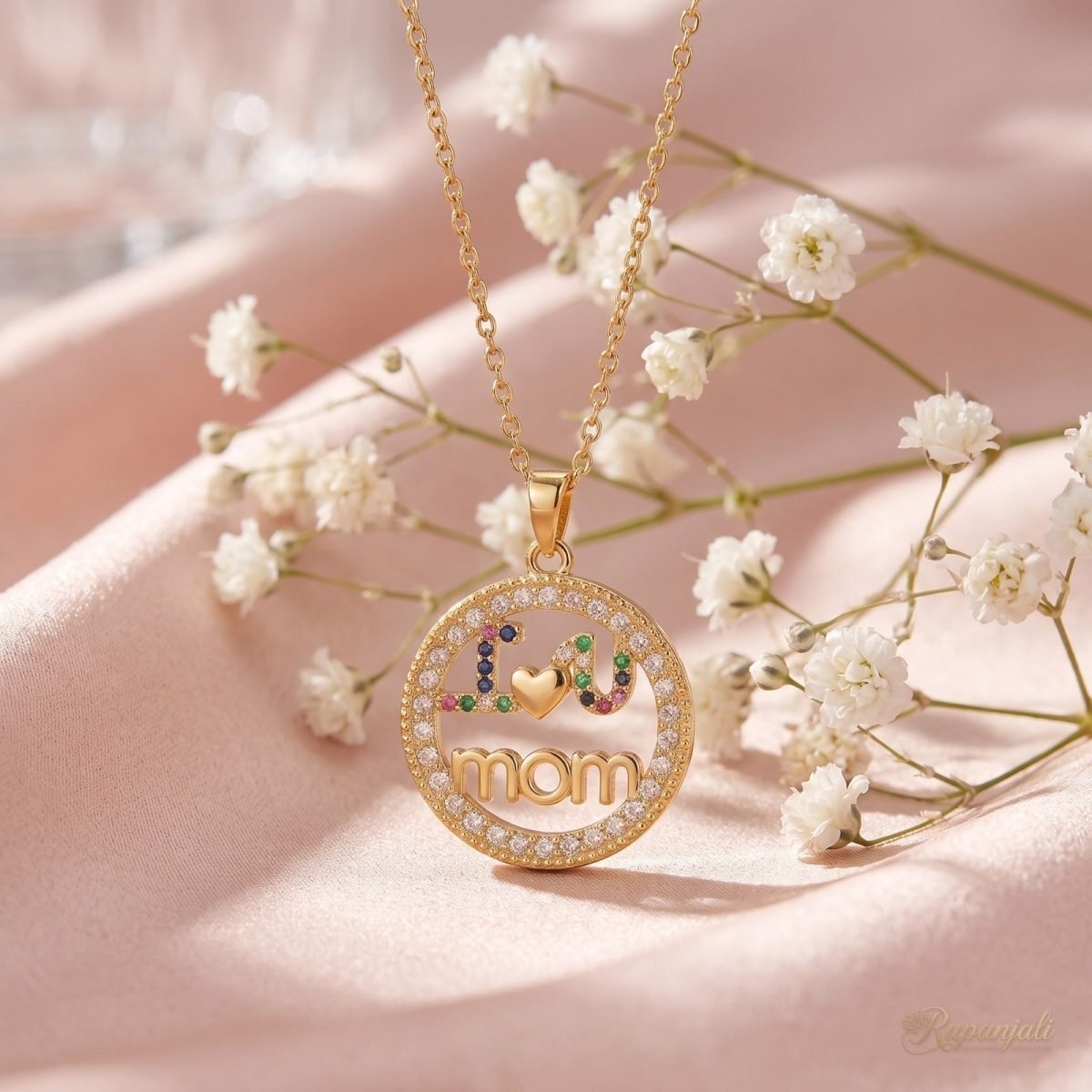 I Love You Mom Necklace — Pave Circle Medallion 3