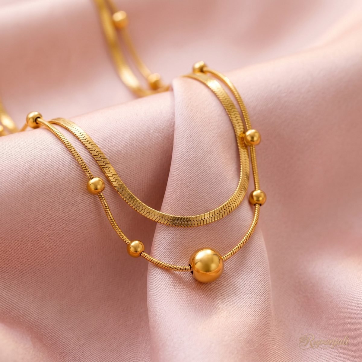 Double Layer Gold Necklace — Herringbone & Bead Snake Chain 4