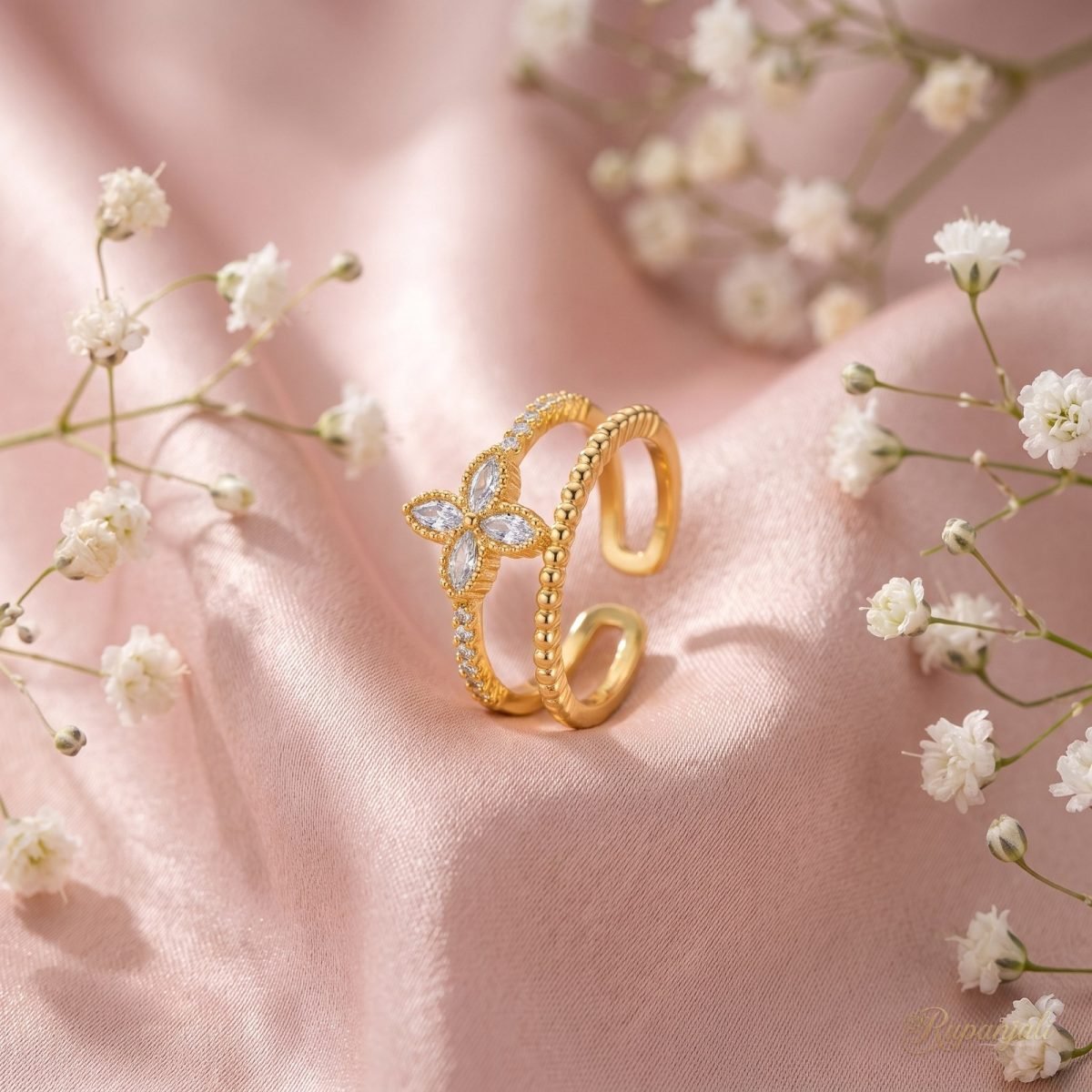Double Band Marquise Flower Ring — Beaded & Pave Rails 3