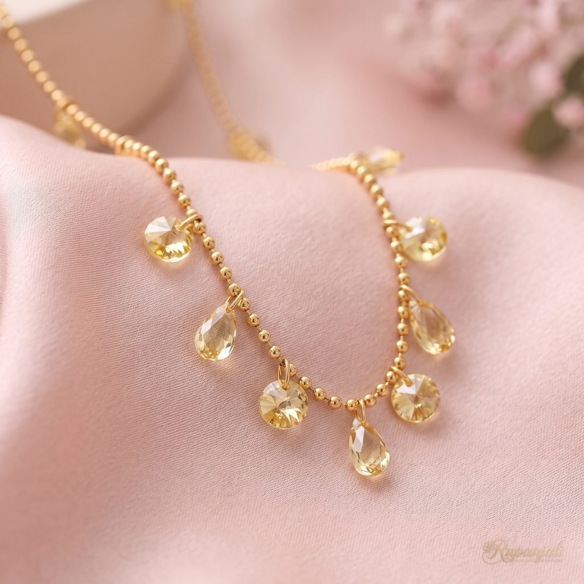 Champagne Crystal Droplet Necklace — Gold Bead Chain Charm 4