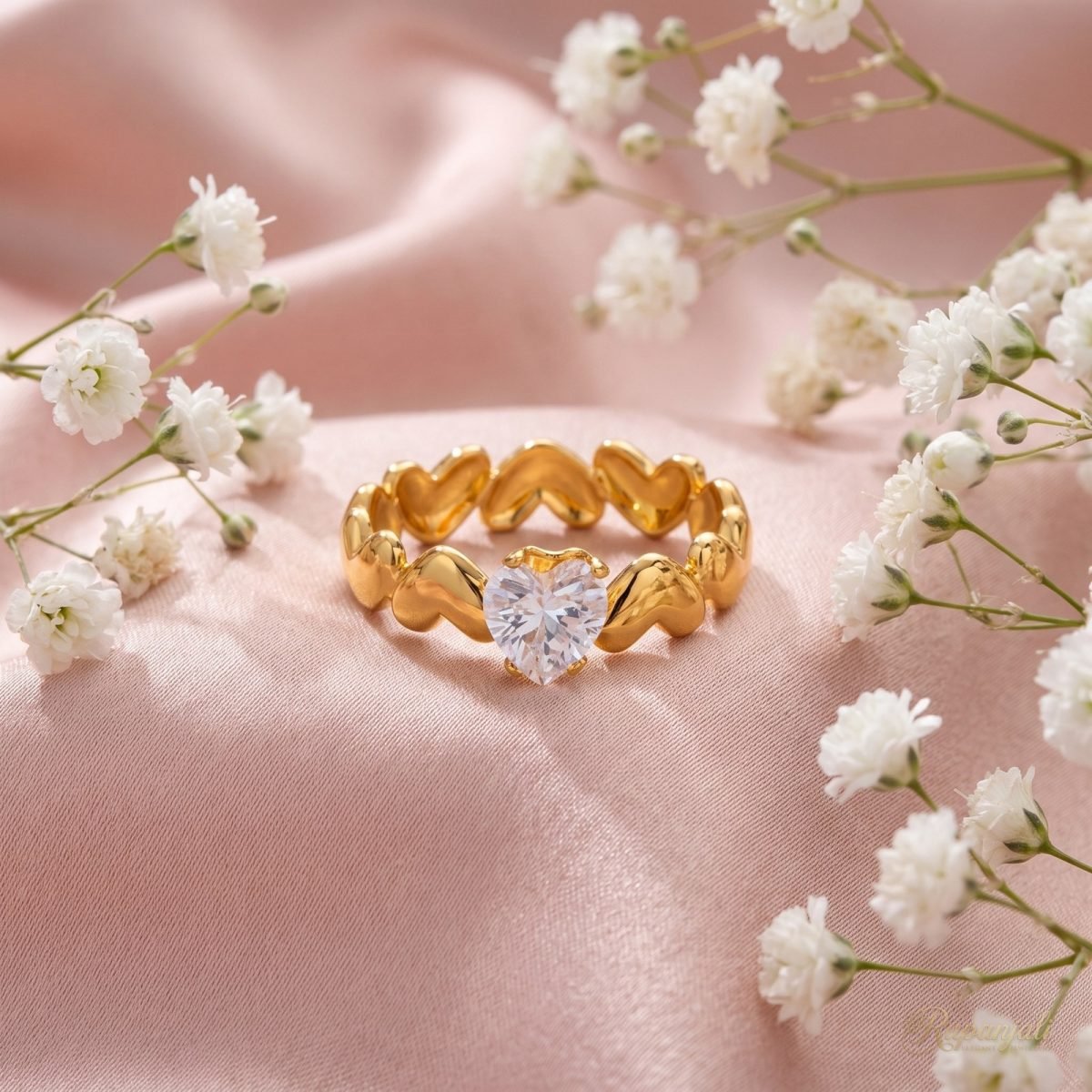 Gold Heart Zircon Ring — Band of Hearts with Heart CZ 3