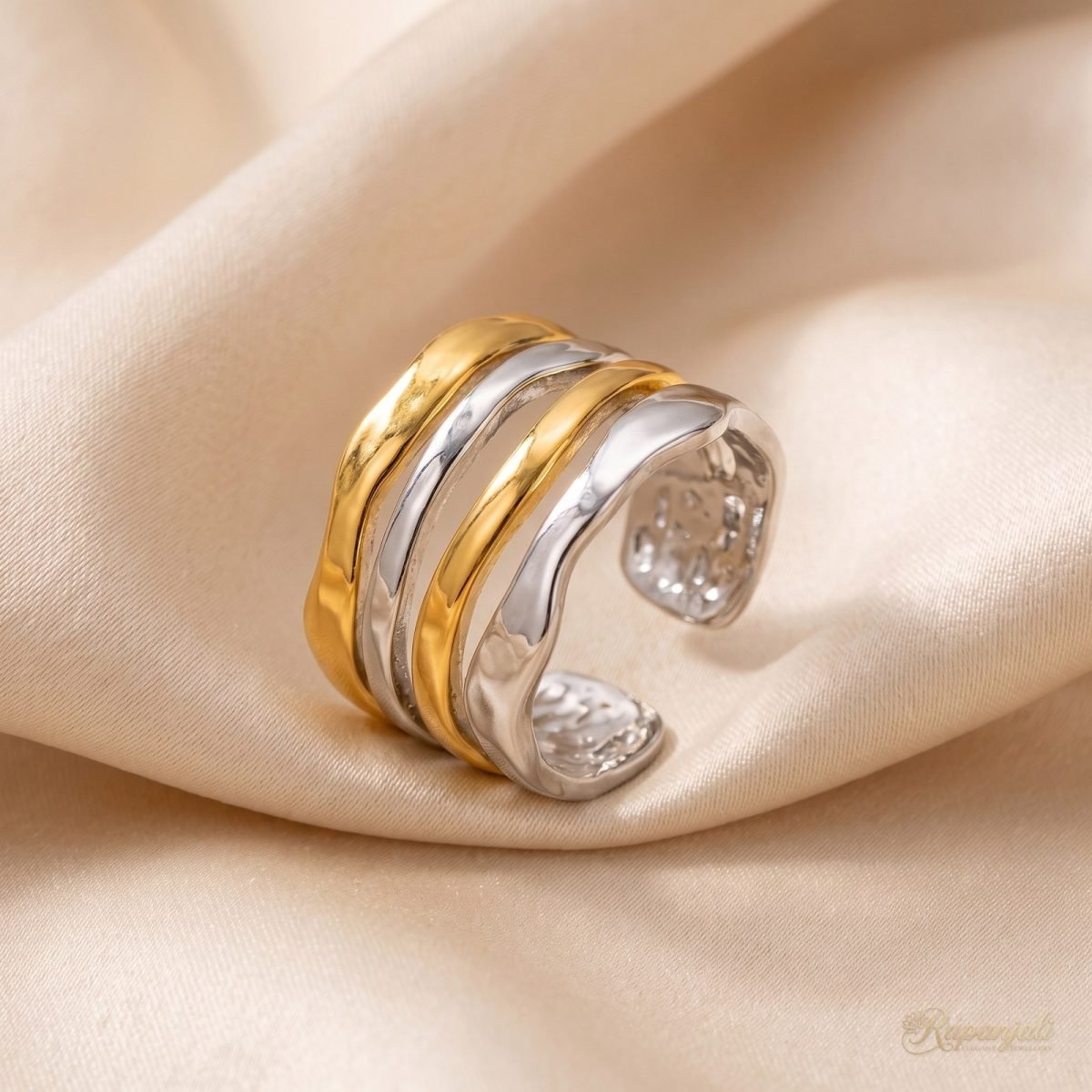 Two-Tone Wavy Open Ring — Gold & Silver Molten Lines 1