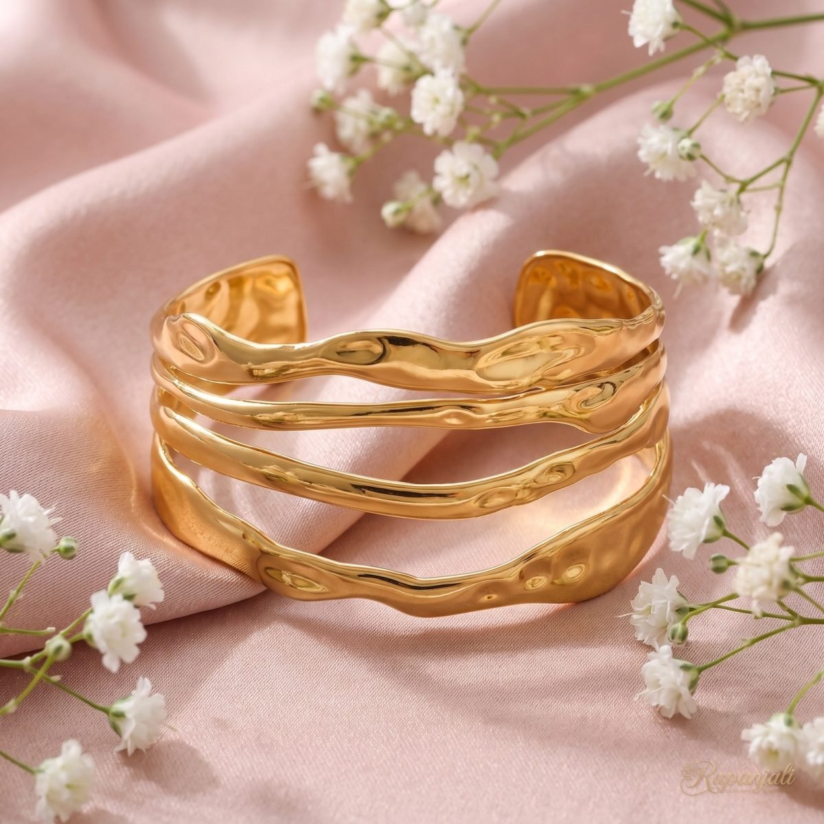 Gold Hammered Wave Cuff Bracelet — Multi-Layer Retro Open Bangle 3