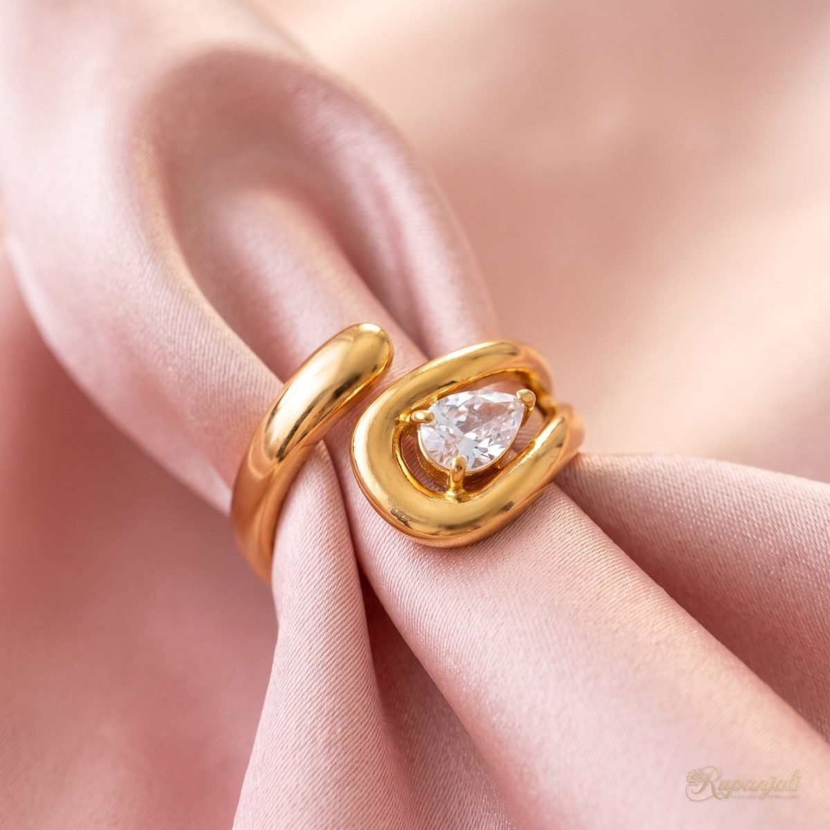 Gold Hollow Zircon Open Ring — Sculpted Pear Drop Statement 4