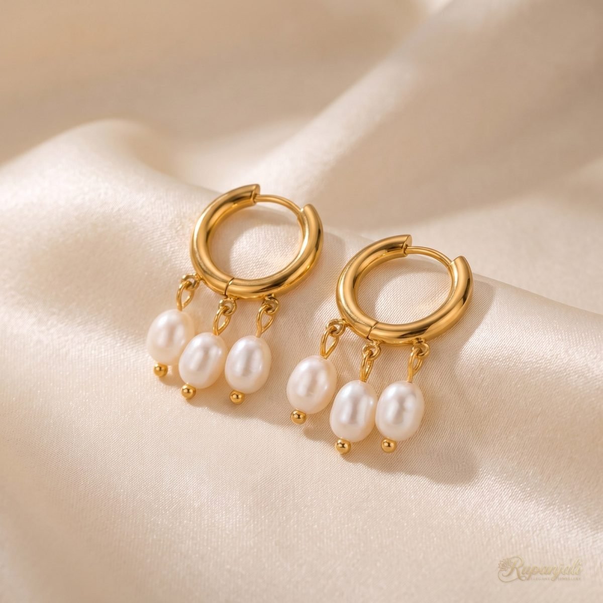 Gold Triple Pearl Hoop Earrings for Women — Freshwater Drops 1