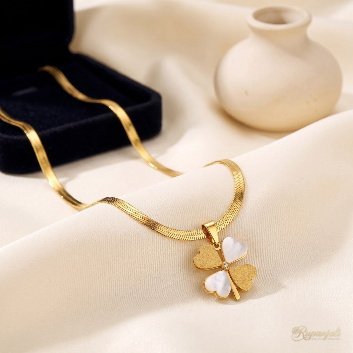 White Shell Clover Necklace — Gold Snake Chain 2