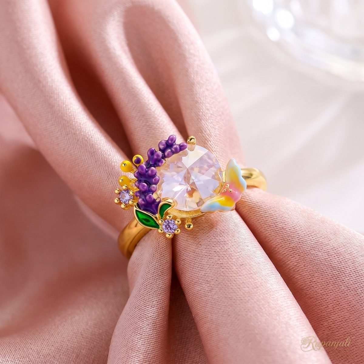Lavender Sprig Crystal Ring — Enamel Garden & Butterfly 4