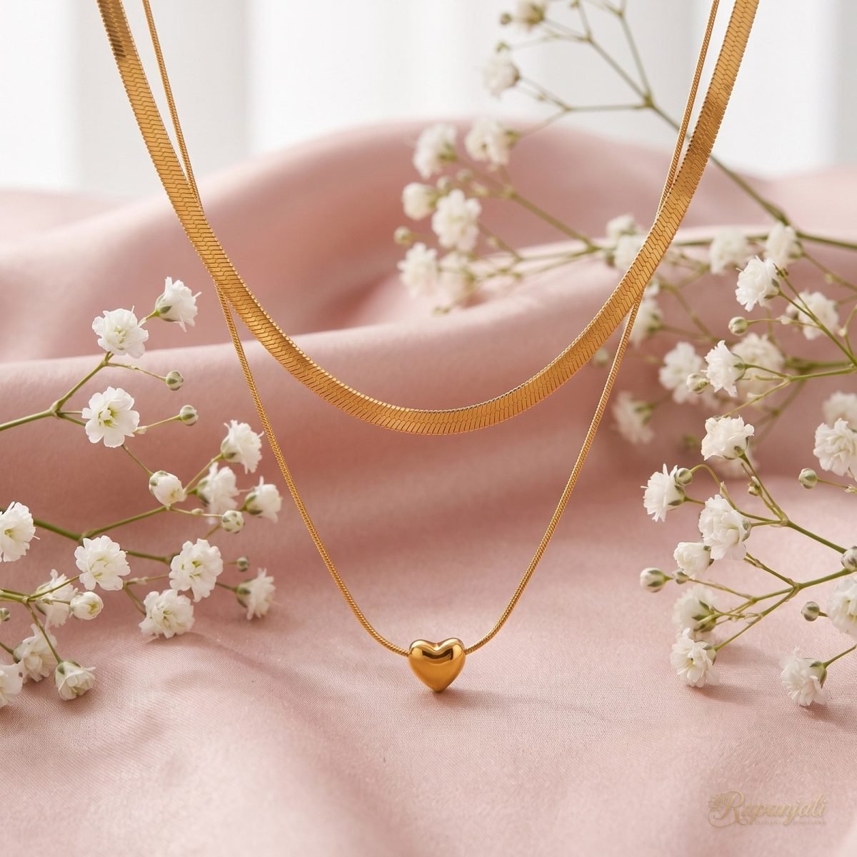 Gold Heart Double Layer Necklace — Snake Chain & Herringbone 3