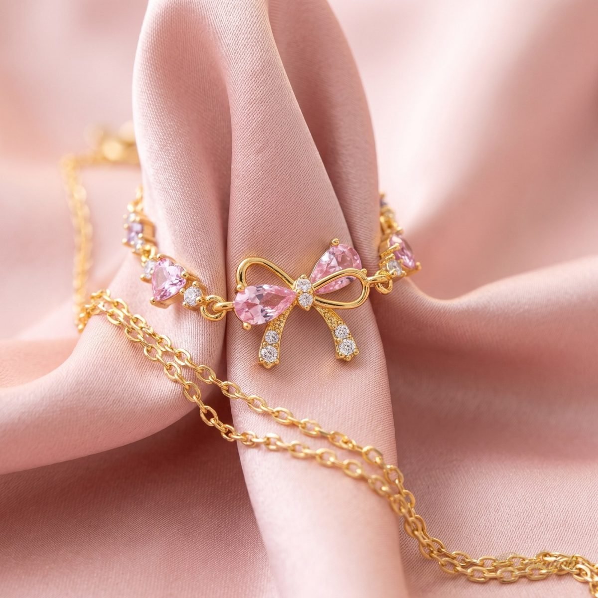 Pink Zircon Bow Necklace — Hearts & Ribbon Chain for Women 4