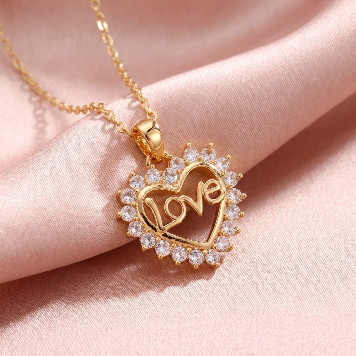 Gold Love Heart Pendant Necklace with Cubic Zirconia for Women 1