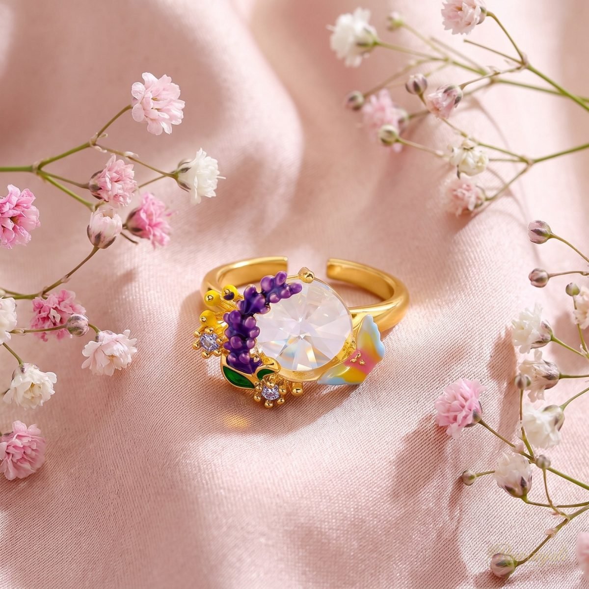 Lavender Sprig Crystal Ring — Enamel Garden & Butterfly 3