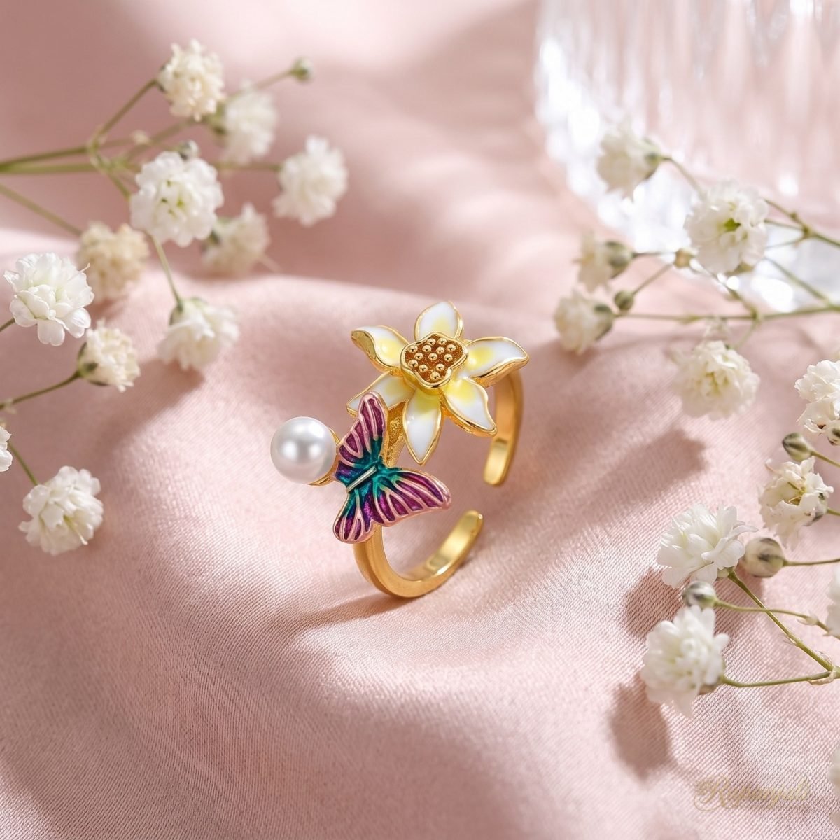 Butterfly Lily Ring — Enamel Bloom & Pearl 3