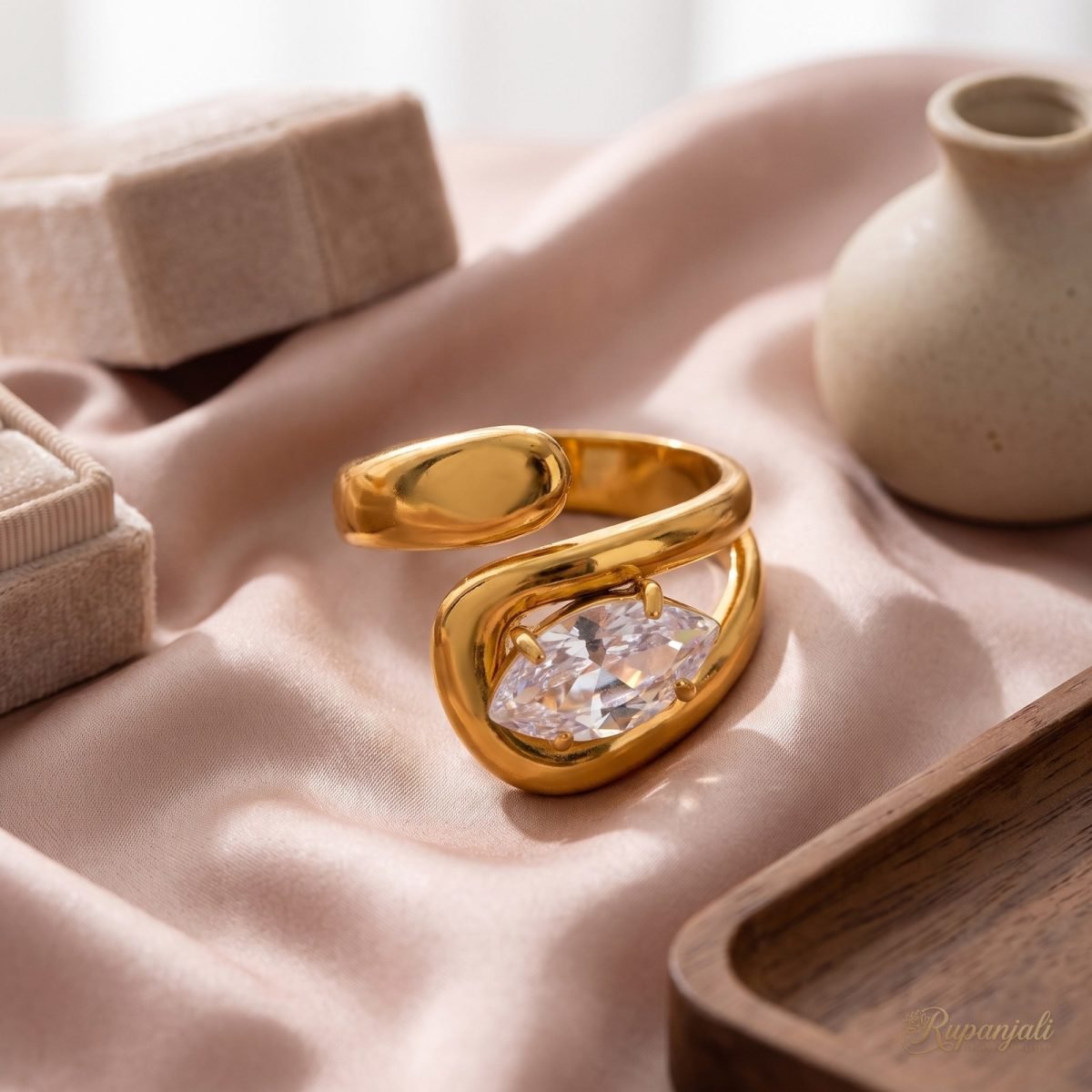 Marquise Zircon Wrap Ring — 18K Gold Plated Fluid Sculpture 2