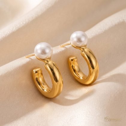 Gold Pearl C-Hoop Earrings for Women — Chunky Pearl Top