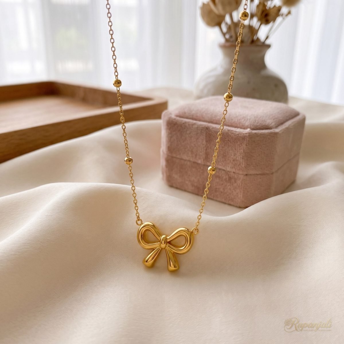 Gold Bow Necklace on Beaded Chain — Minimal Ribbon Charm 2