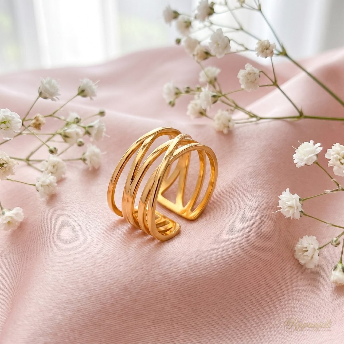 Gold Crossover Open Ring for Women — Woven Wide Band 3