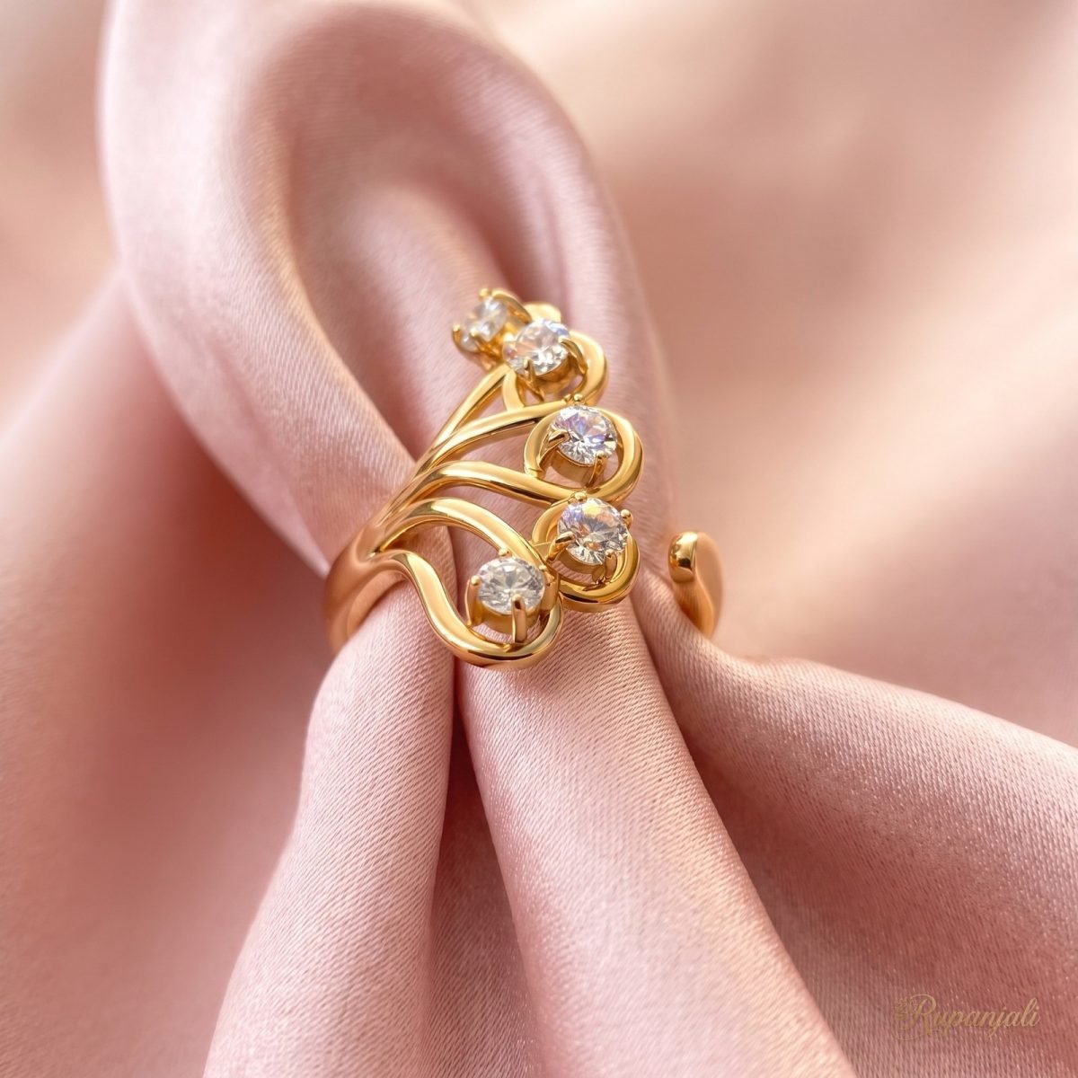 Swirl Zircon Statement Ring — Adjustable Gold Wave Design 4