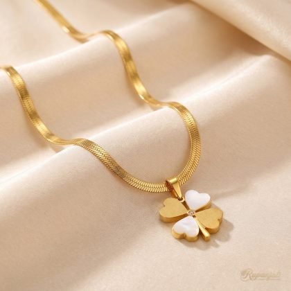 White Shell Clover Necklace — Gold Snake Chain