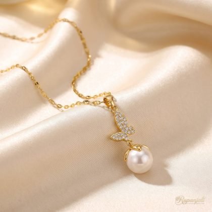 Butterfly Pearl Drop Necklace — Pave Wings on Lip Chain