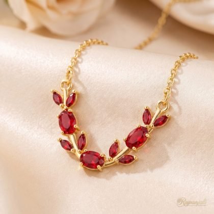 Gold Red Zircon Vine Necklace — Ruby-Red Leaf Garland