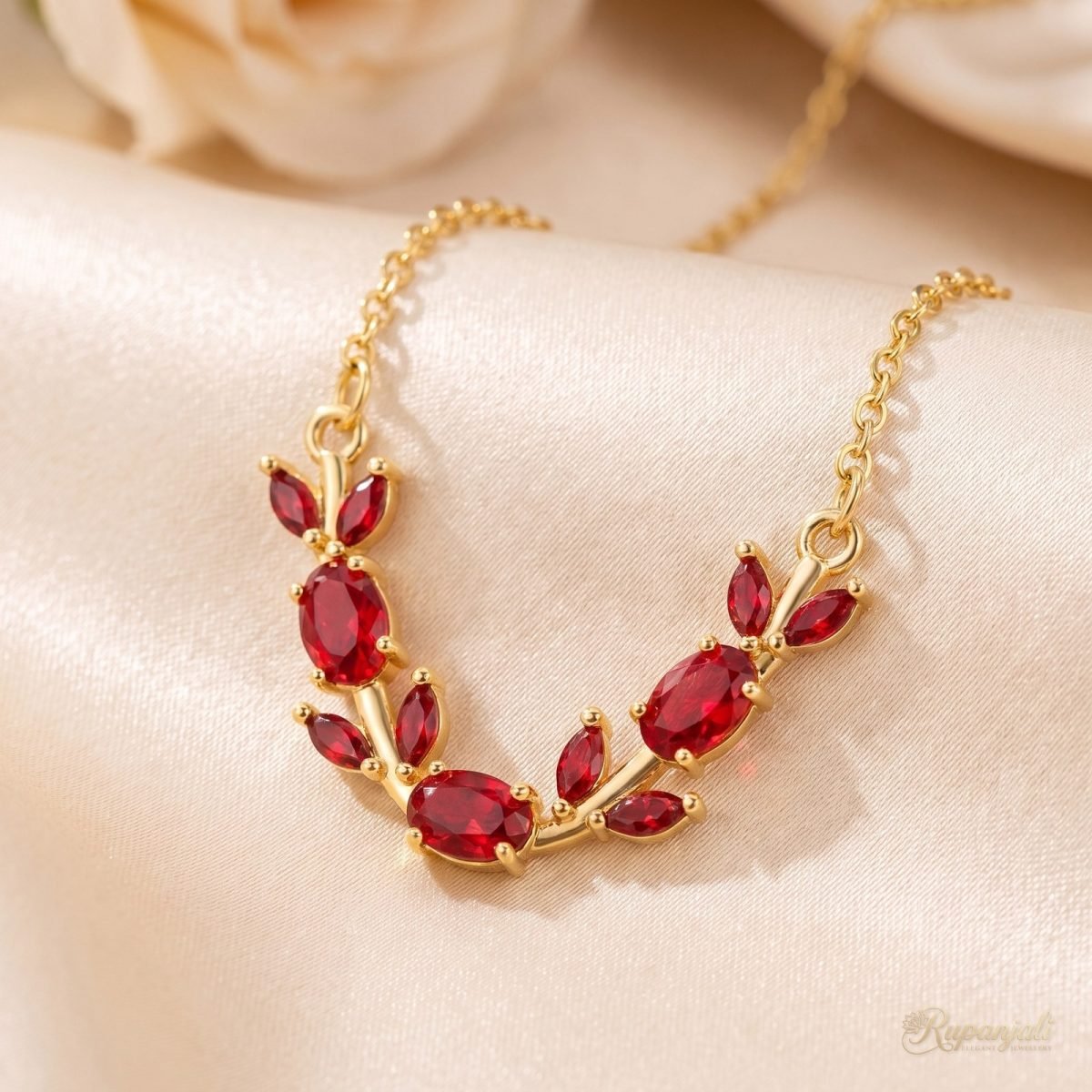 Gold Red Zircon Vine Necklace — Ruby-Red Leaf Garland 1