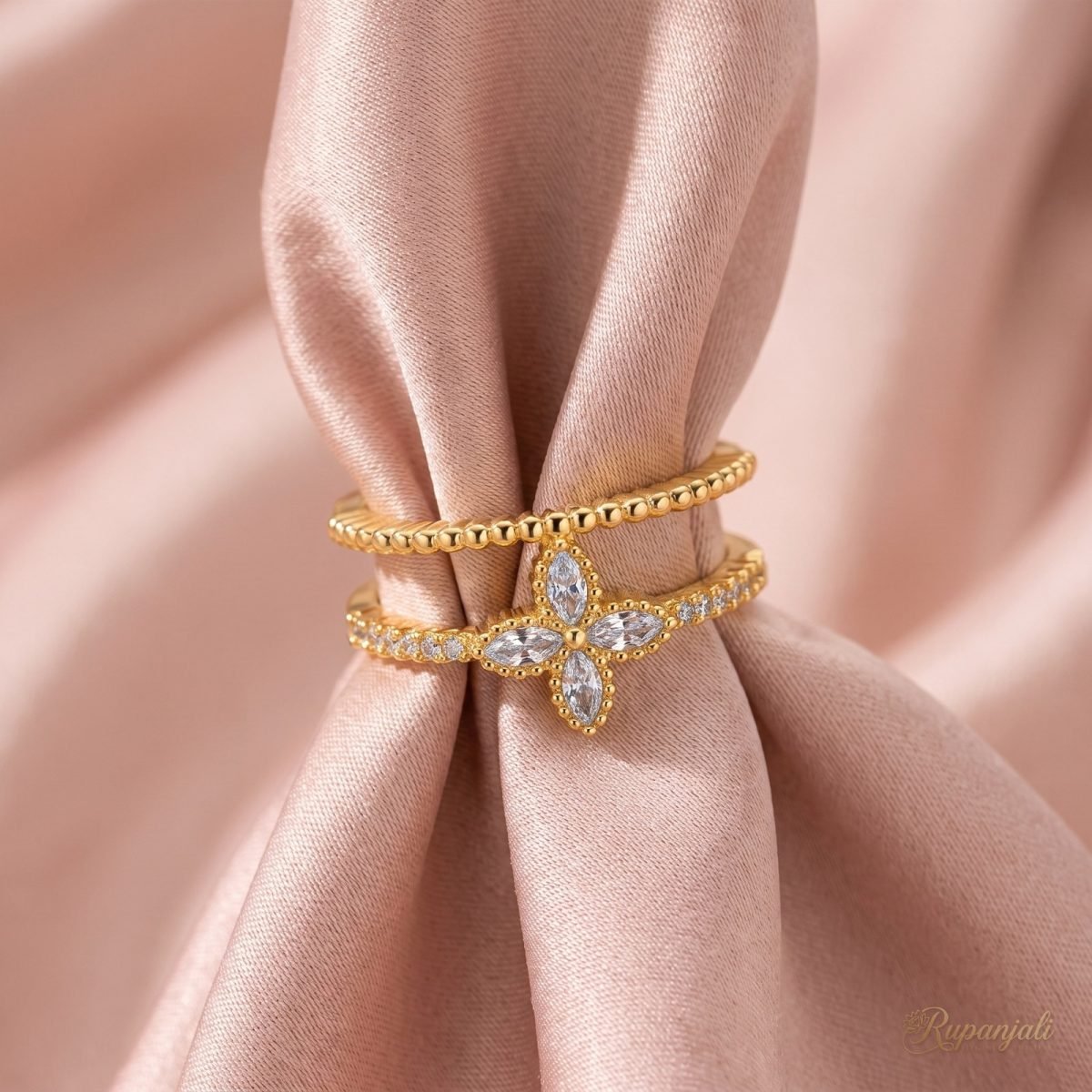 Double Band Marquise Flower Ring — Beaded & Pave Rails 4
