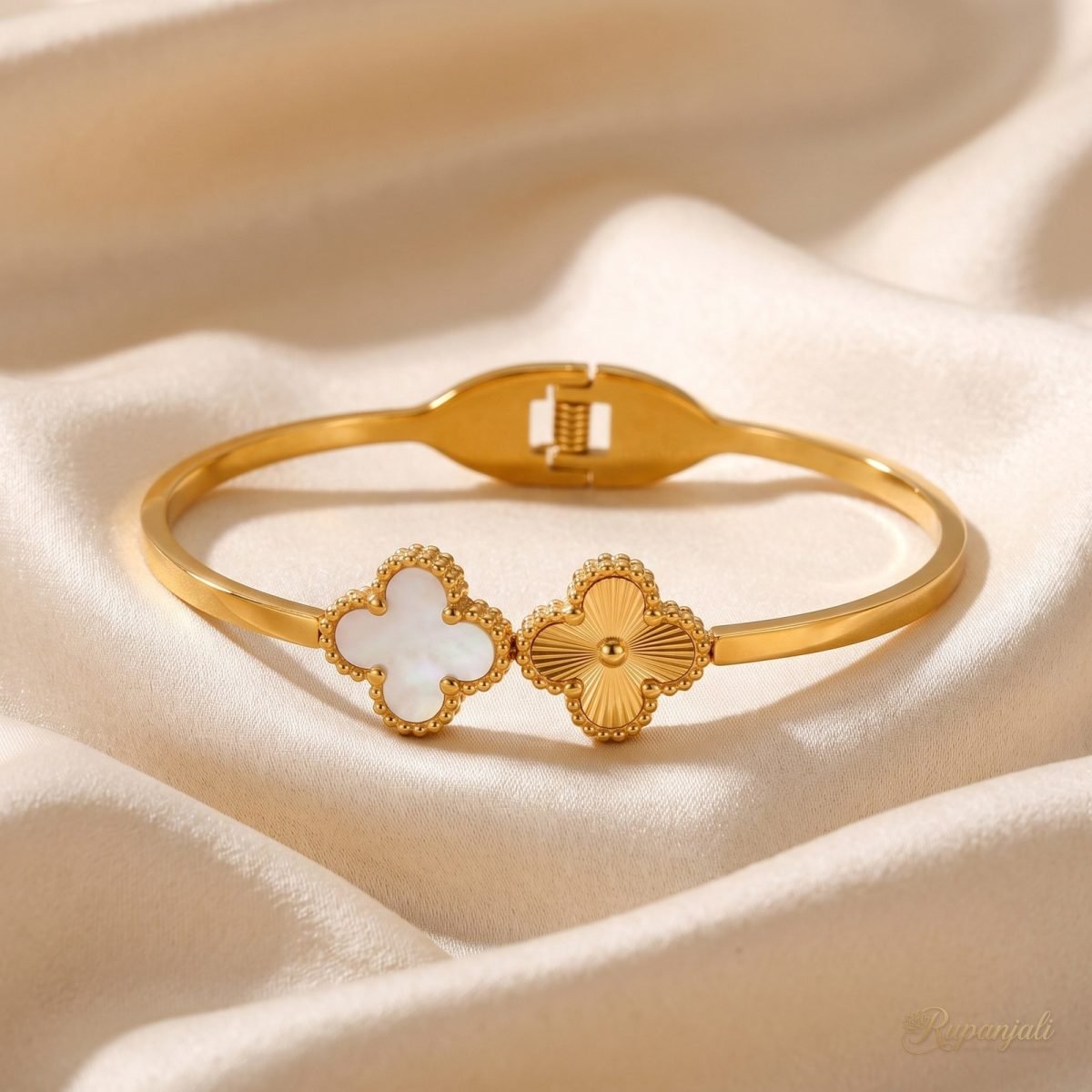 Gold Clover Bangle with Mother of Pearl — Spring Open Cuff 1