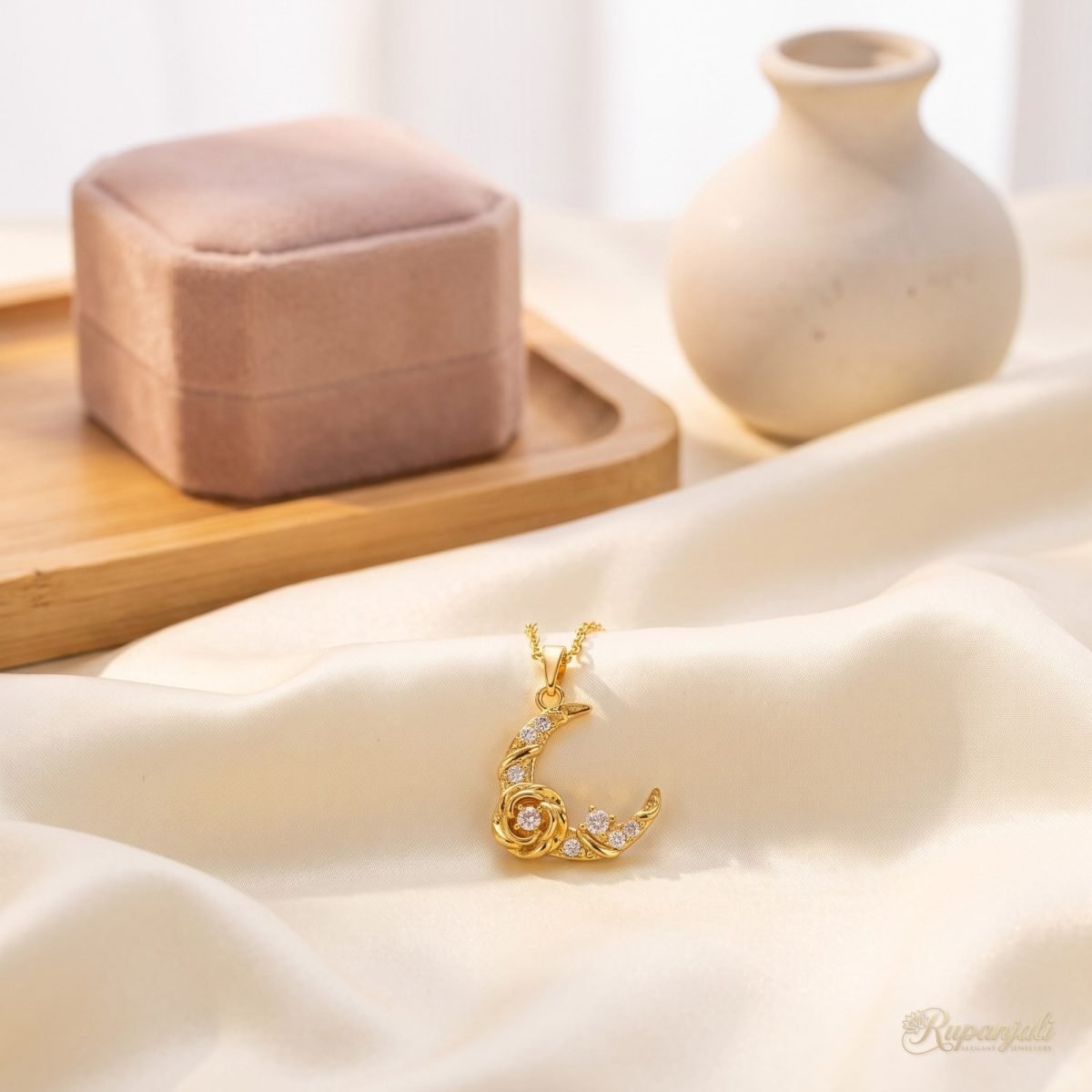 Crescent Moon Necklace — Rose & Stars 2