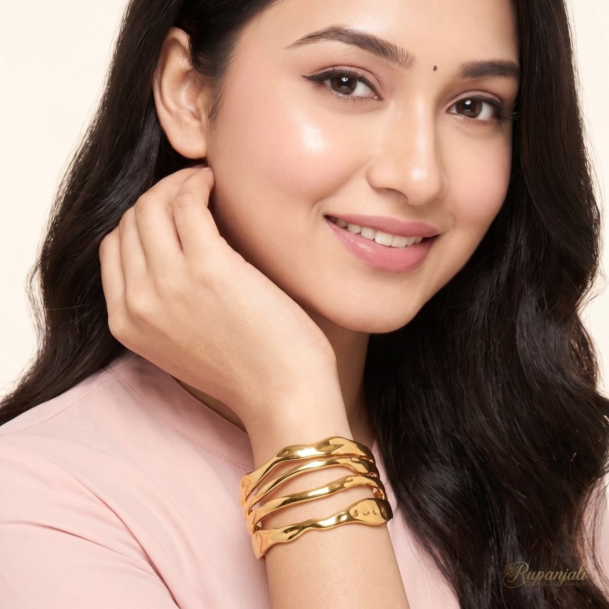 Gold Hammered Wave Cuff Bracelet — Multi-Layer Retro Open Bangle 5