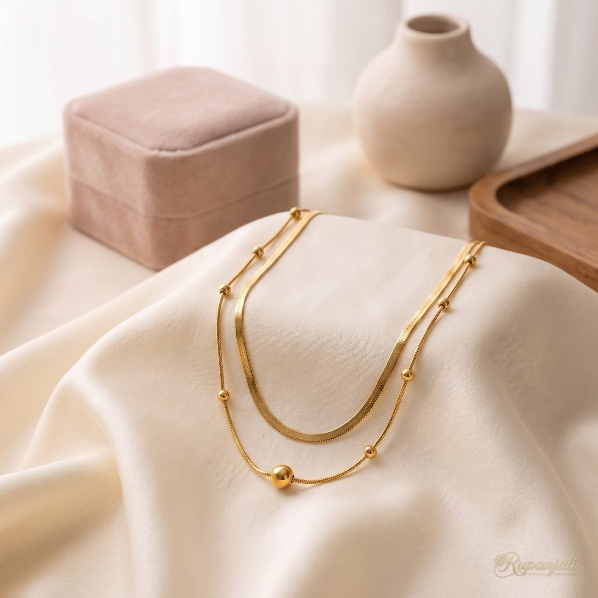 Double Layer Gold Necklace — Herringbone & Bead Snake Chain 2