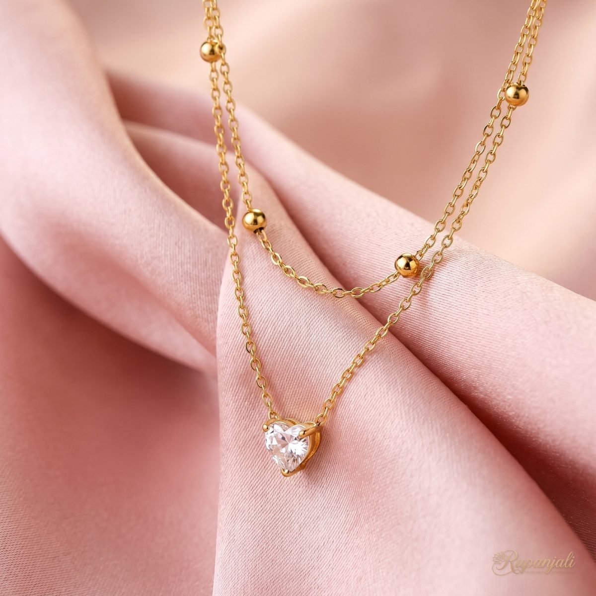 Heart Zircon Double Layer Necklace — Beaded Chain Stack 4