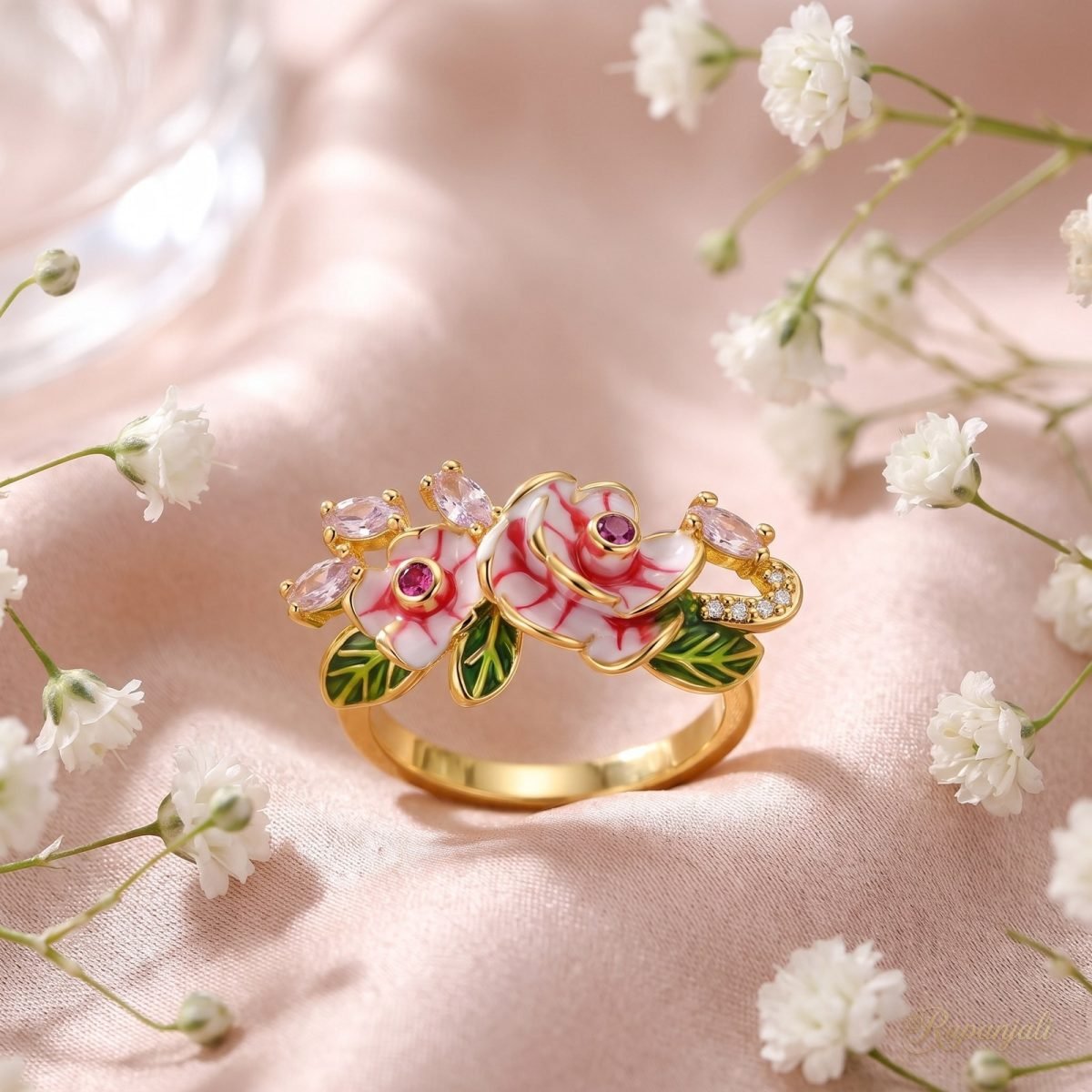 Enamel Rose Garden Ring — Striped Blooms & Pink Buds 3