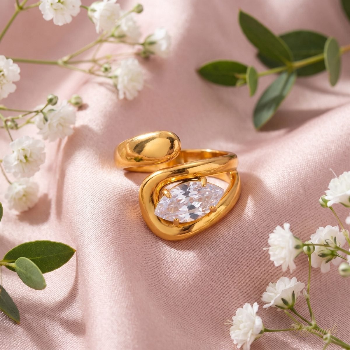 Marquise Zircon Wrap Ring — 18K Gold Plated Fluid Sculpture 3
