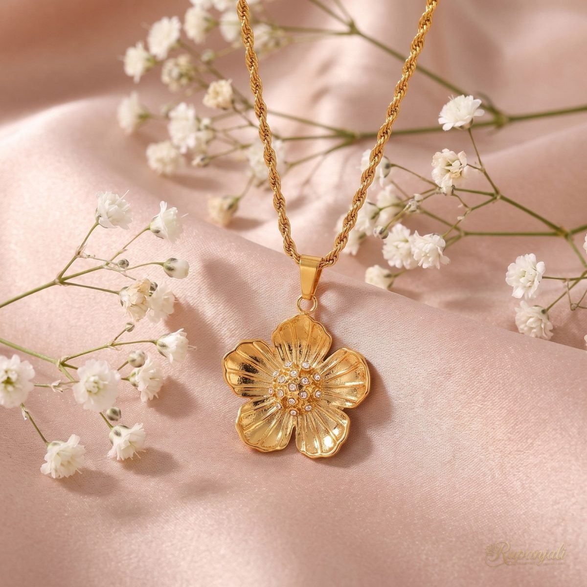 Gold Flower Pendant Necklace with CZ on Rope Chain for Women 3