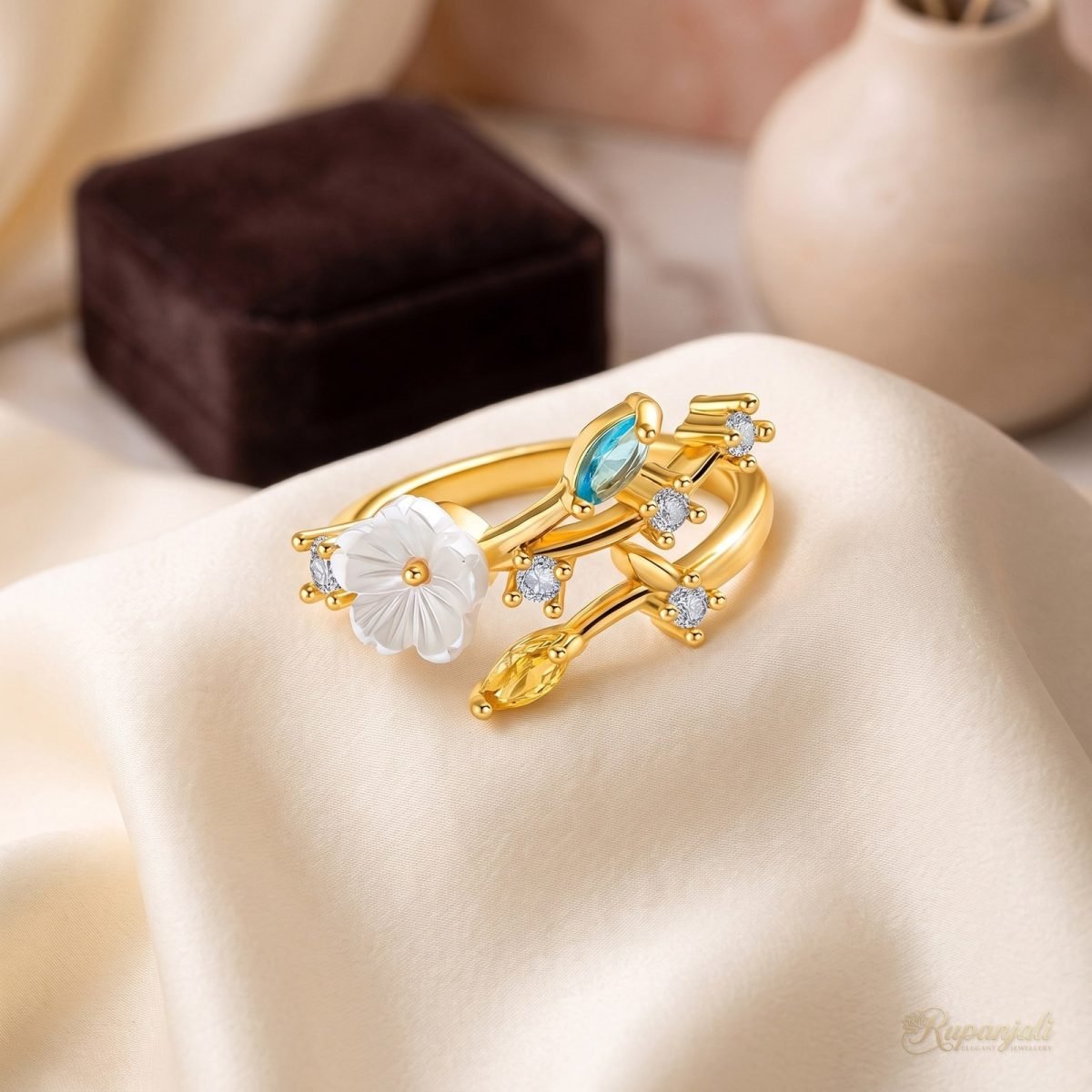 Blossom Vine Bypass Ring — Shell Flower & Marquise Buds 2