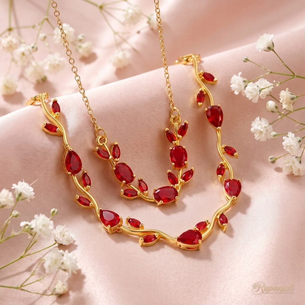 Red Zircon Branch Jewellery Set — Necklace & Bracelet 3