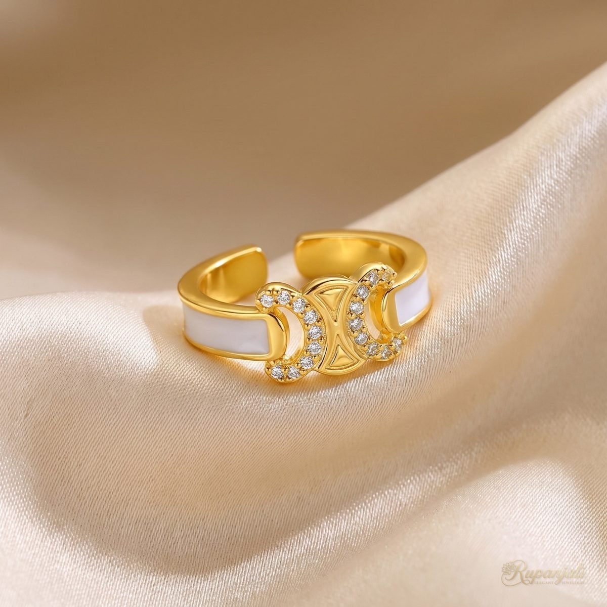 White Enamel Arc Ring — Pave Crescent Emblem 1