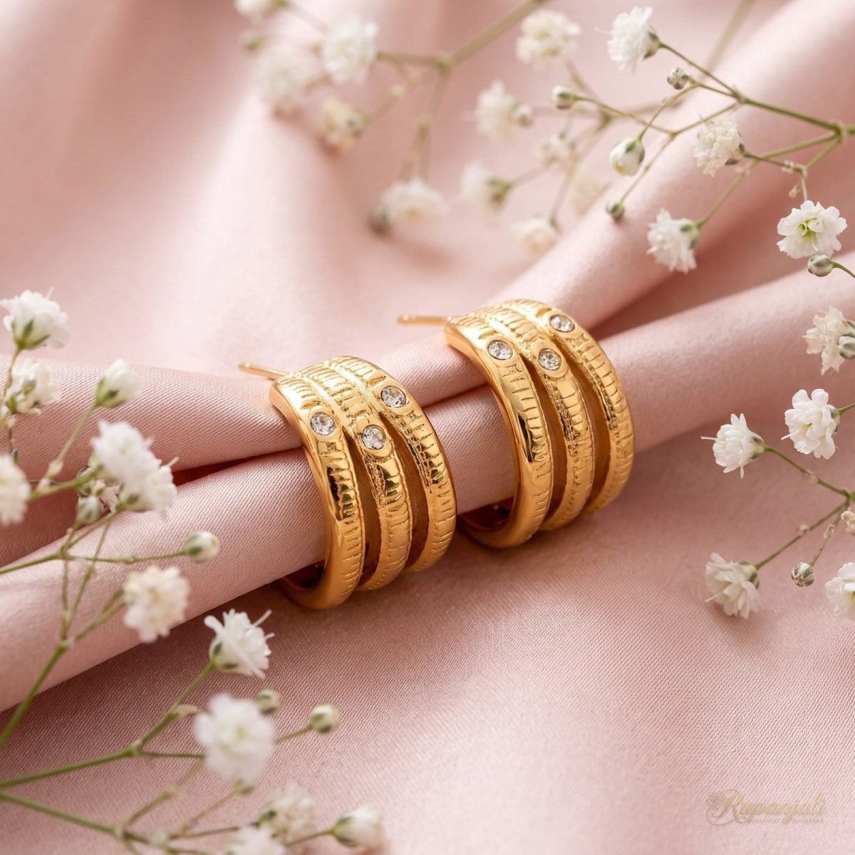 Gold Winding Line Triple Hoop Earrings with CZ for Women 3